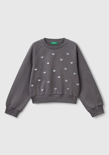  Kız Çocuk Antrasit Önü Taş Detaylı Ribanalı Bisiklet Yaka Sweatshirt