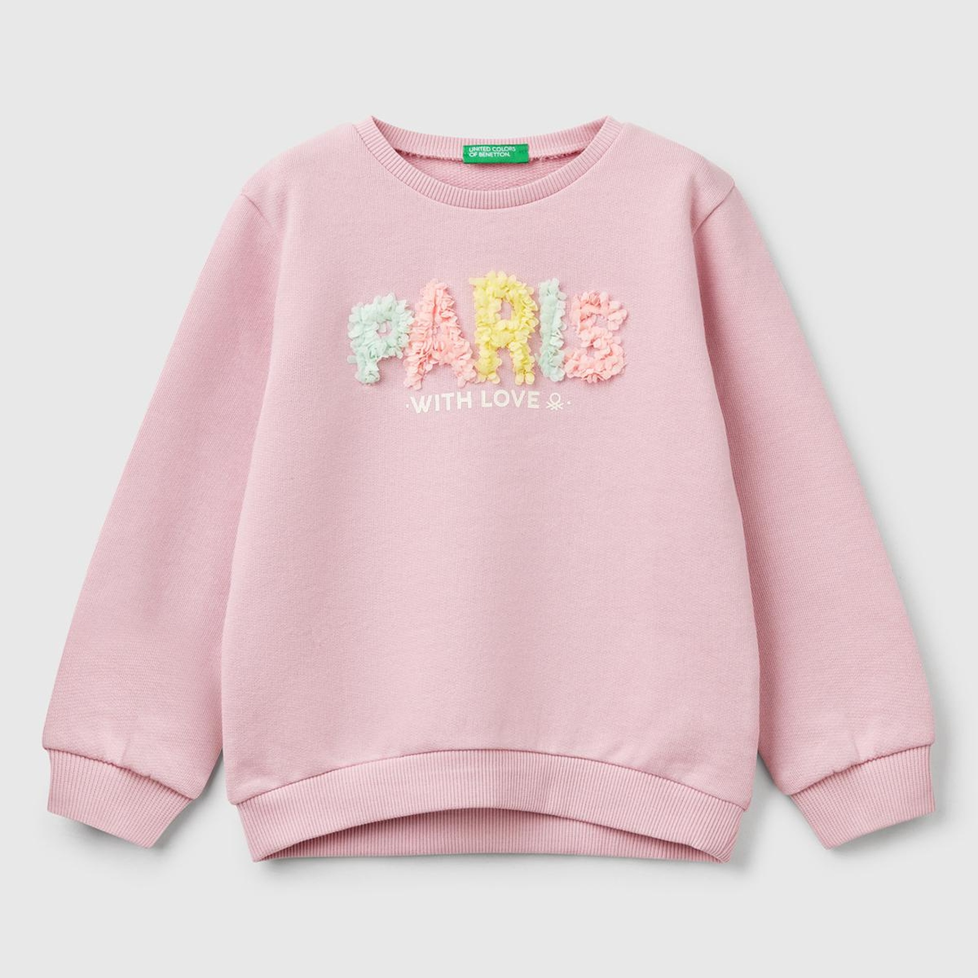 Kız Çocuk Pembe Grafik Baskılı Ribanalı Bisiklet Yaka Sweatshirt