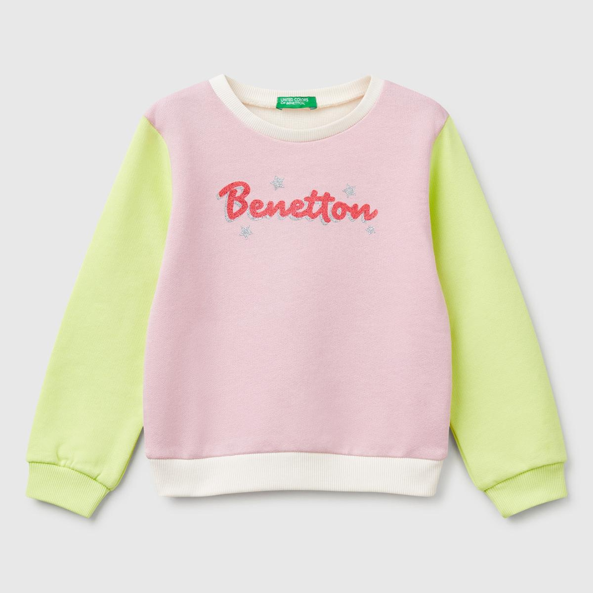 Kız Çocuk Pembe Mix Simli Benetton Logo Baskılı Bisiklet Yaka Sweatshirt