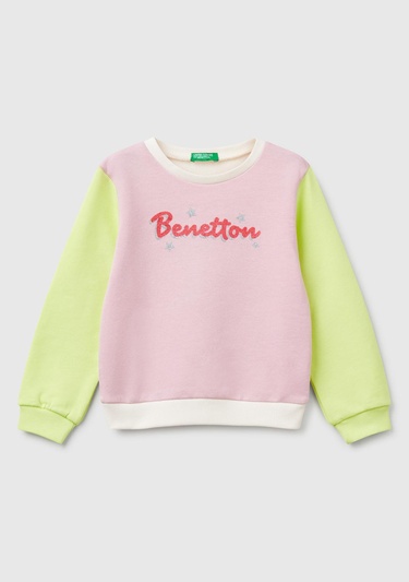  Kız Çocuk Pembe Mix Simli Benetton Logo Baskılı Bisiklet Yaka Sweatshirt