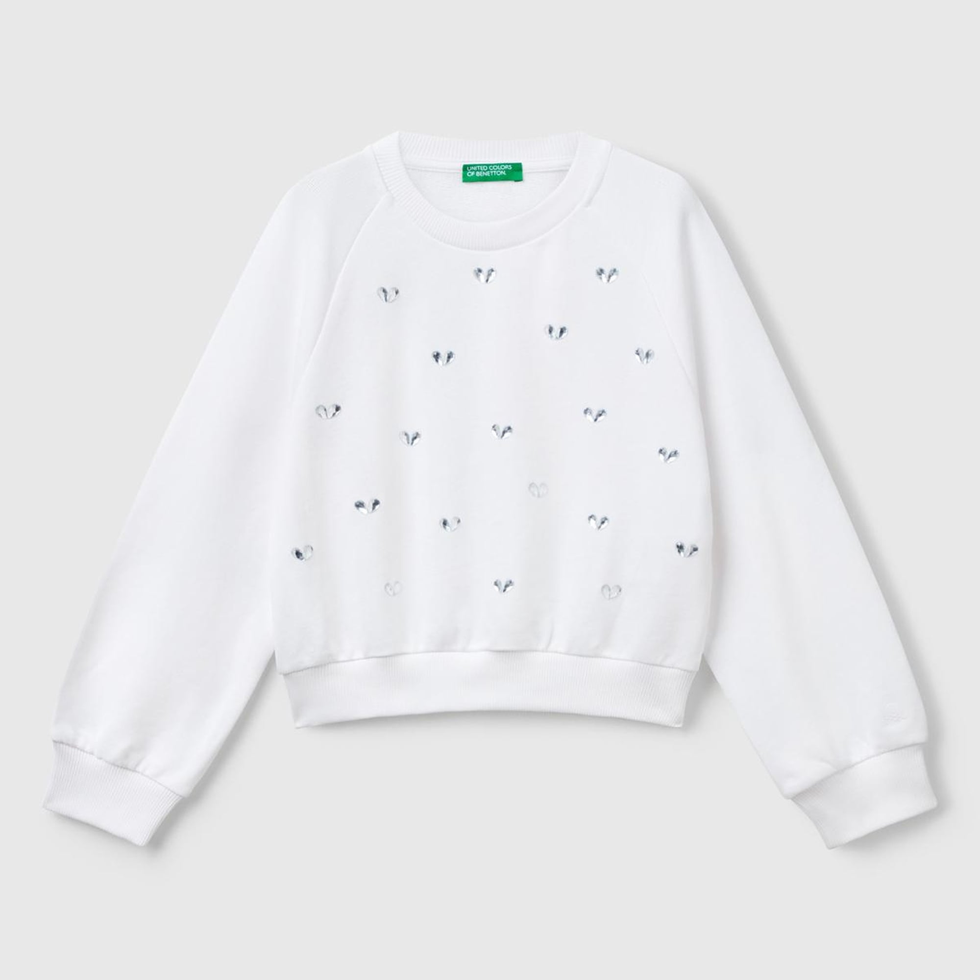 Kız Çocuk Beyaz Önü Taş Detaylı Ribanalı Bisiklet Yaka Sweatshirt