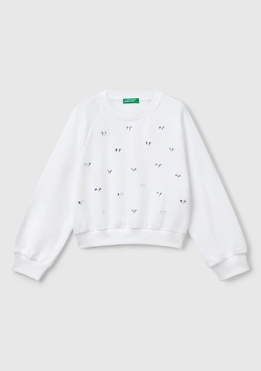  Kız Çocuk Beyaz Önü Taş Detaylı Ribanalı Bisiklet Yaka Sweatshirt