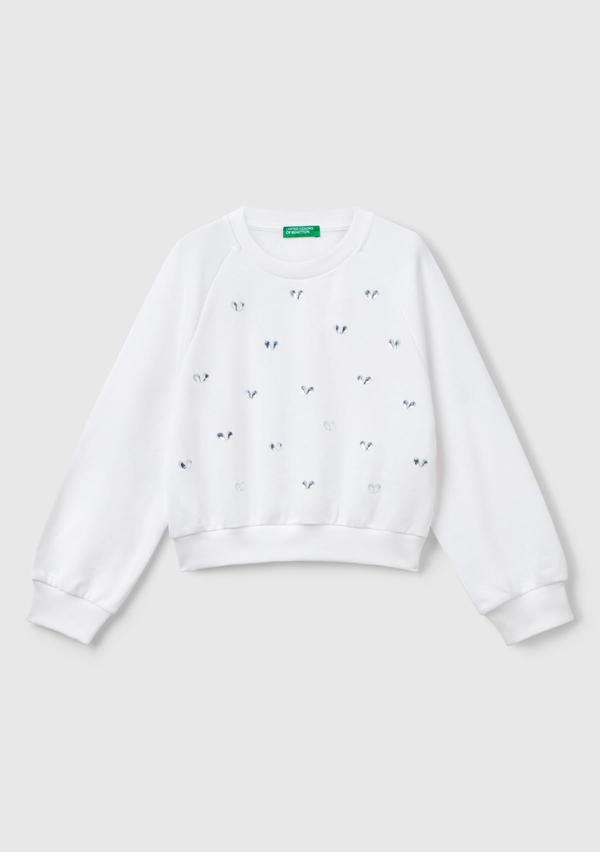  Kız Çocuk Beyaz Önü Taş Detaylı Ribanalı Bisiklet Yaka Sweatshirt