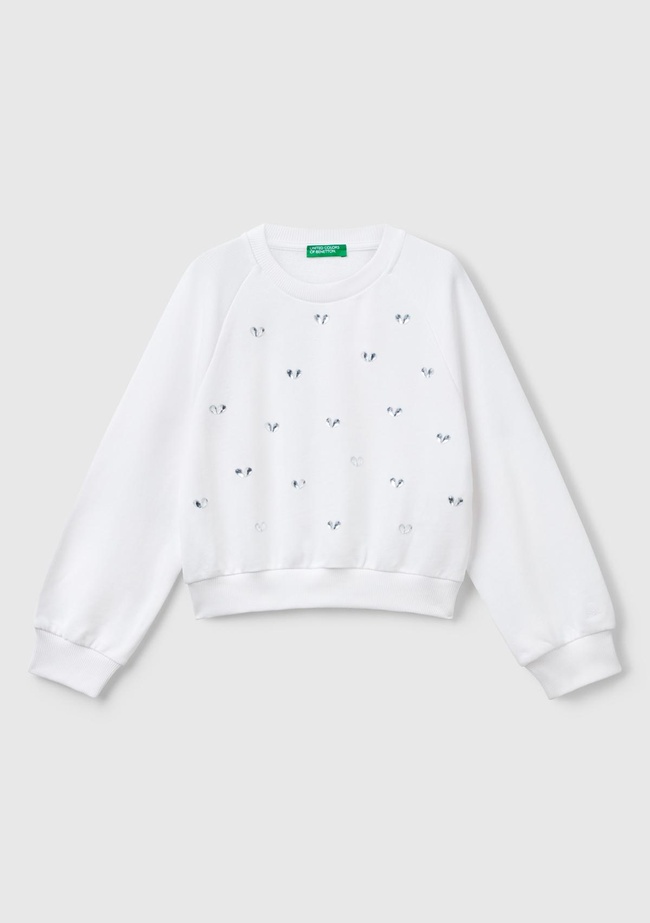  Kız Çocuk Beyaz Önü Taş Detaylı Ribanalı Bisiklet Yaka Sweatshirt