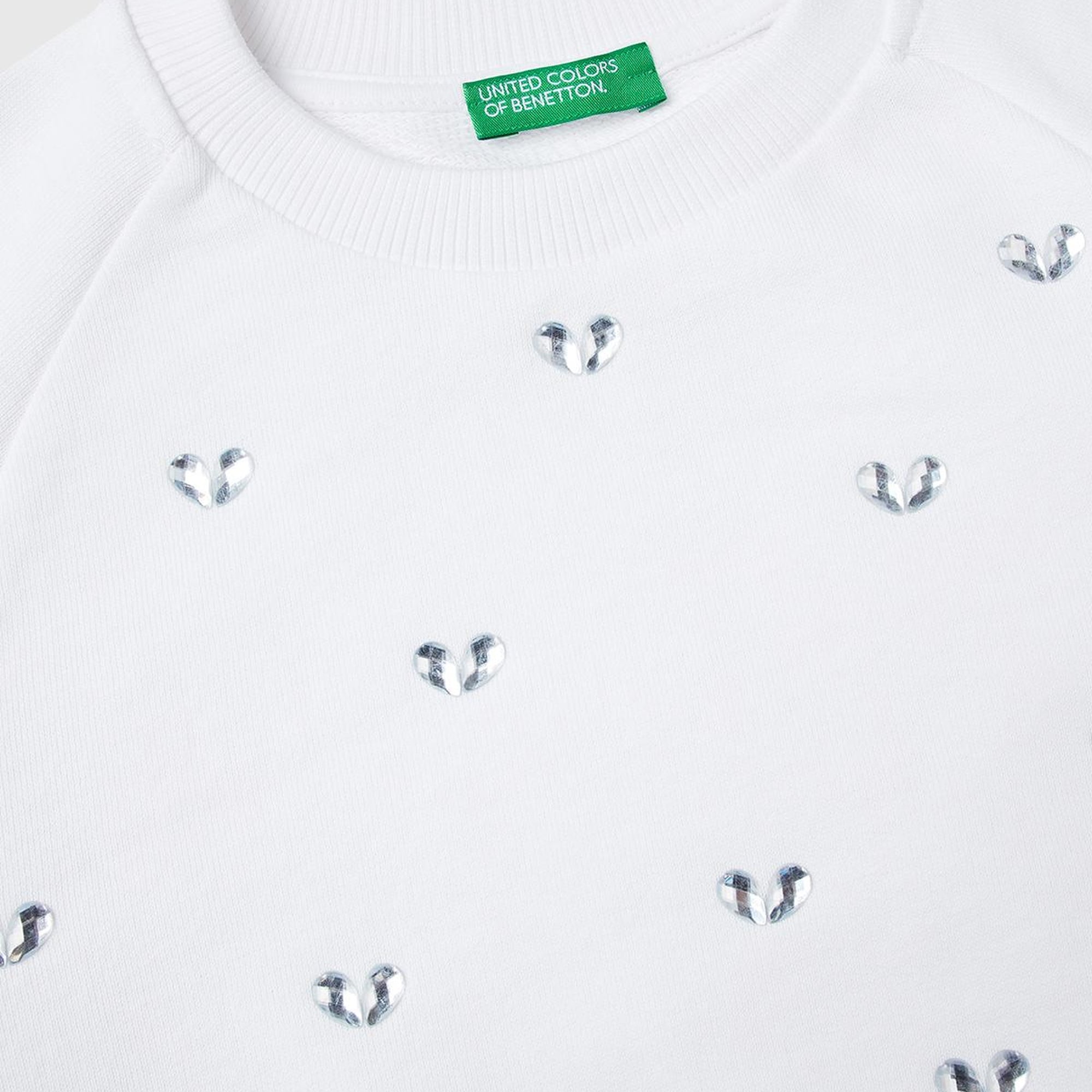 Kız Çocuk Beyaz Önü Taş Detaylı Ribanalı Bisiklet Yaka Sweatshirt