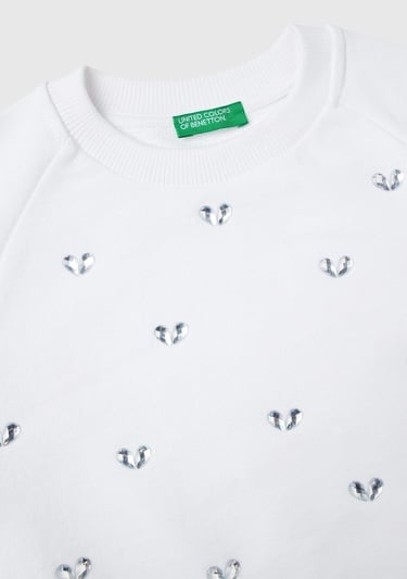  Kız Çocuk Beyaz Önü Taş Detaylı Ribanalı Bisiklet Yaka Sweatshirt