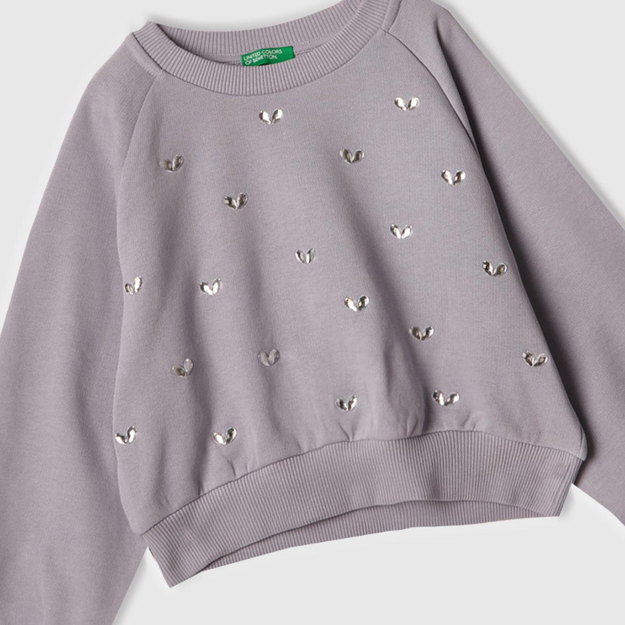 Kız Çocuk Lila Önü Taş Detaylı Ribanalı Bisiklet Yaka Sweatshirt