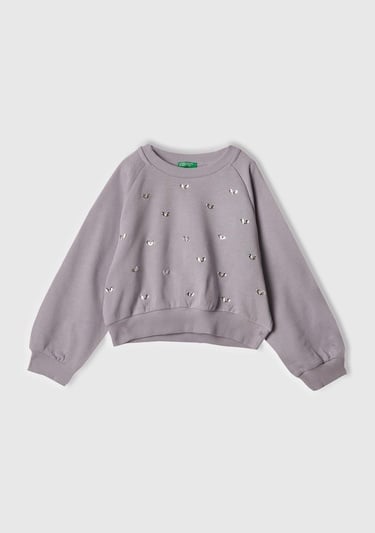  Kız Çocuk Lila Önü Taş Detaylı Ribanalı Bisiklet Yaka Sweatshirt