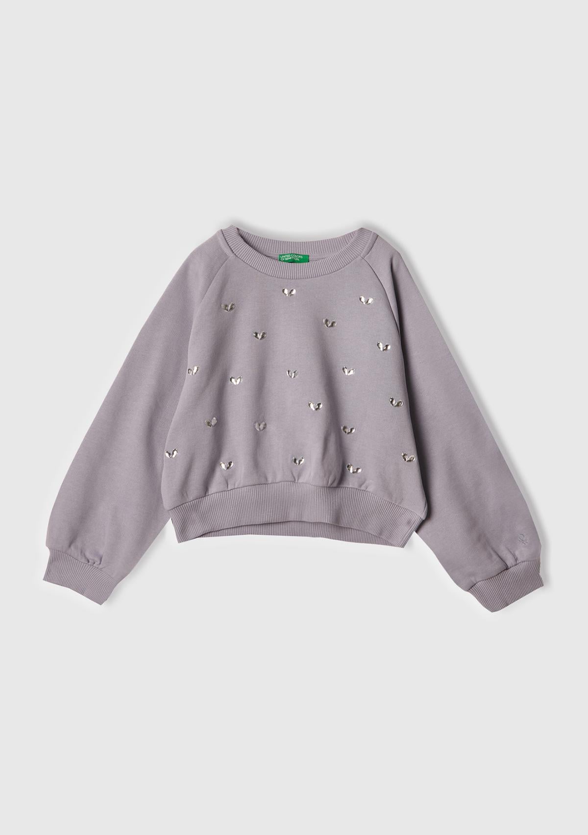  Kız Çocuk Lila Önü Taş Detaylı Ribanalı Bisiklet Yaka Sweatshirt