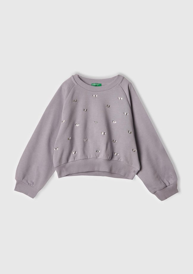  Kız Çocuk Lila Önü Taş Detaylı Ribanalı Bisiklet Yaka Sweatshirt