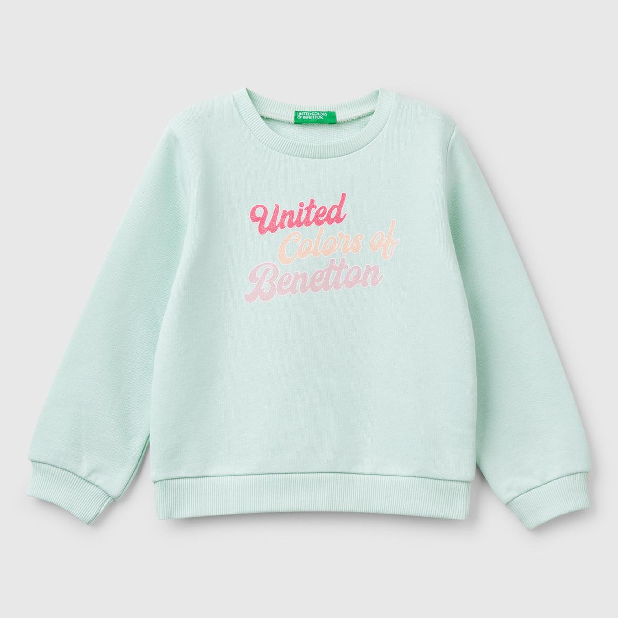 Kız Çocuk Su Yeşili Simli Benetton Logo Baskılı Bisiklet Yaka Sweatshirt