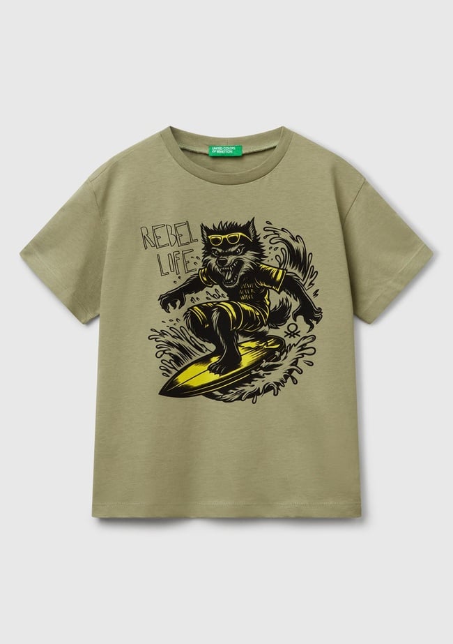  Erkek Çocuk Haki Grafik Baskılı Kısa Kollu T-Shirt