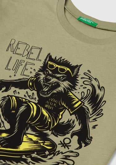  Erkek Çocuk Haki Grafik Baskılı Kısa Kollu T-Shirt