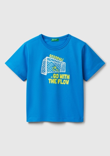  Erkek Çocuk Saks Mavi Grafik Baskılı Kısa Kollu T-Shirt