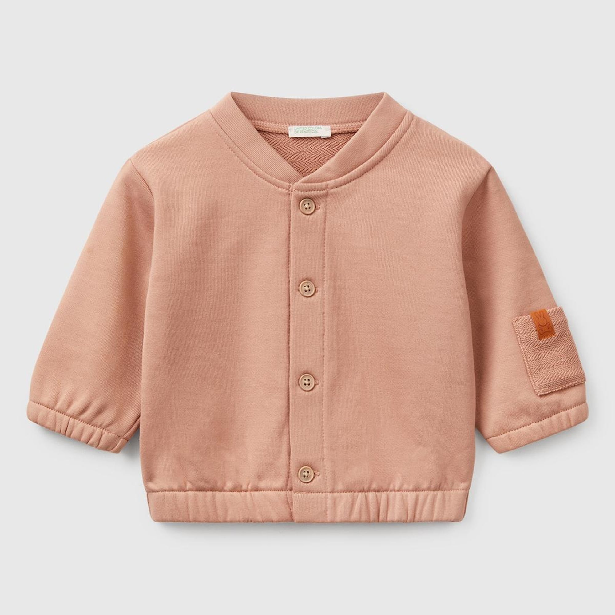 Bebek Koyu Bej Önü Düğmeli Kolu Cepli Bomber Yakalı Sweatshirt