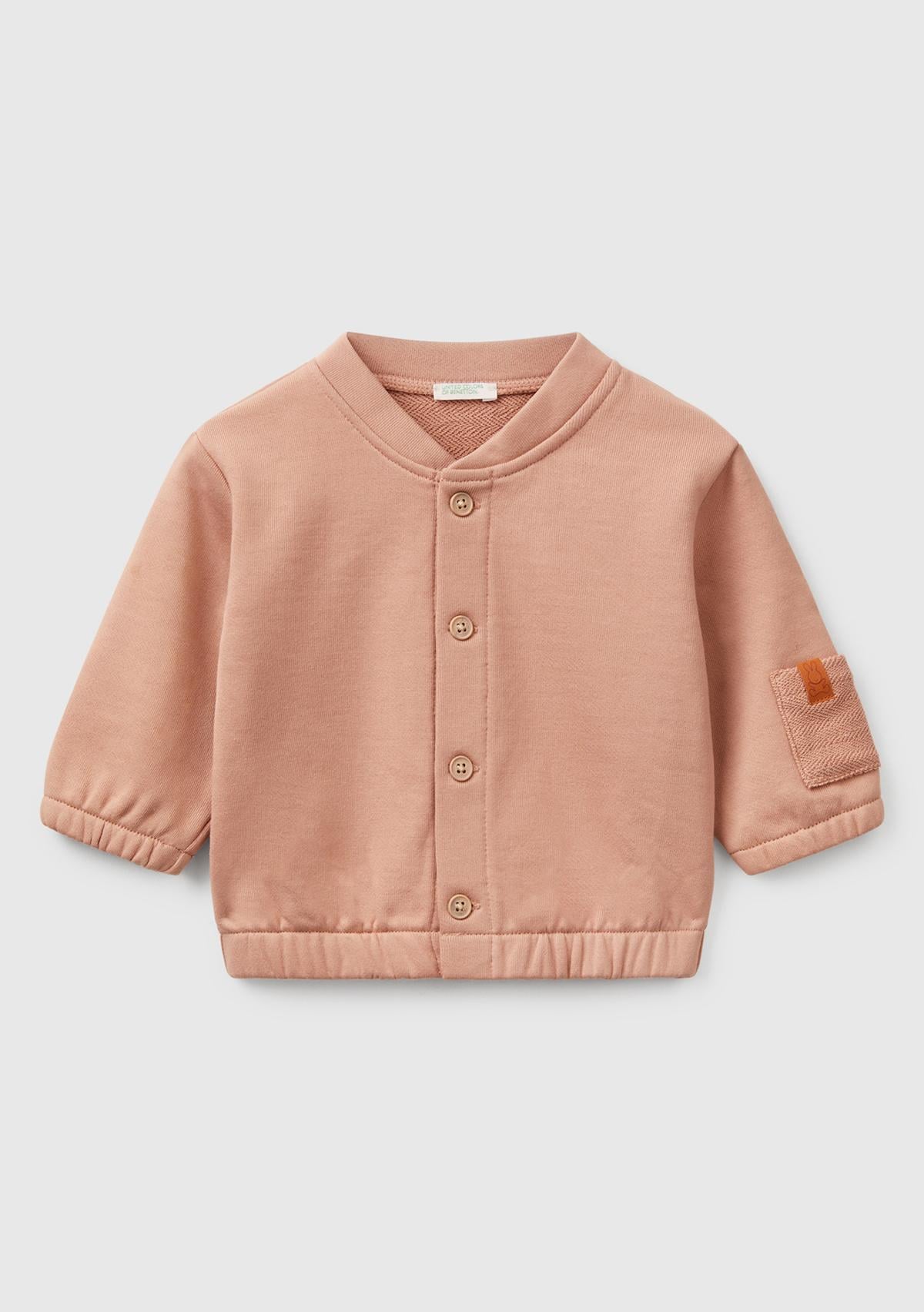  Bebek Koyu Bej Önü Düğmeli Kolu Cepli Bomber Yakalı Sweatshirt