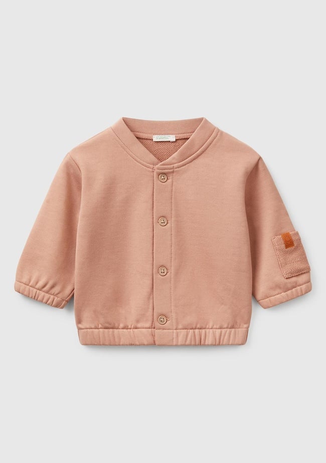  Bebek Koyu Bej Önü Düğmeli Kolu Cepli Bomber Yakalı Sweatshirt