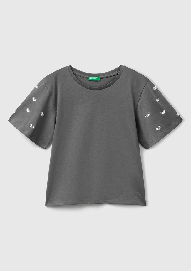  Kız Çocuk Antrasit Kolları Taş Detaylı Ribana Yakalı T-Shirt