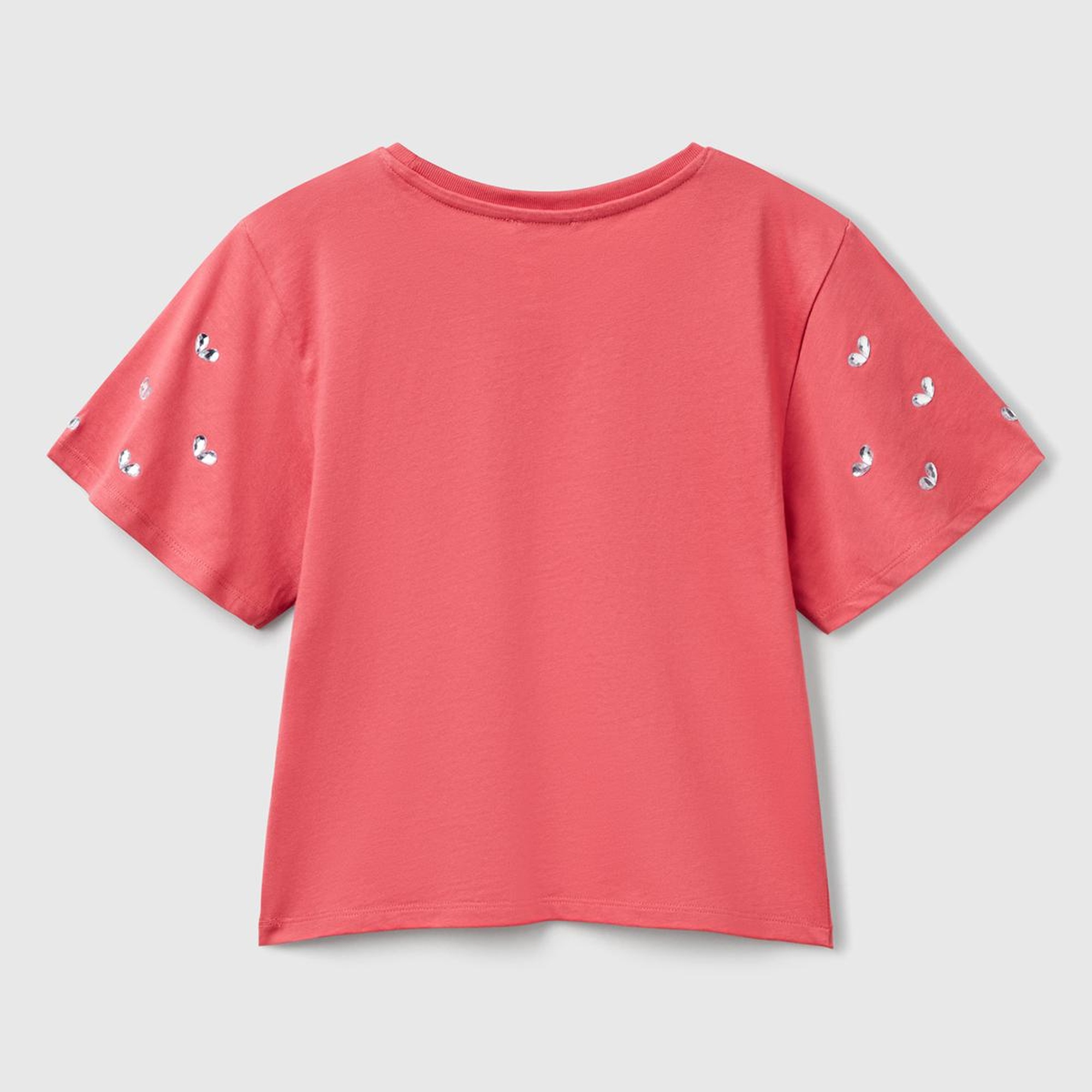 Kız Çocuk Fuşya Kolları Taş Detaylı Ribana Yakalı T-Shirt