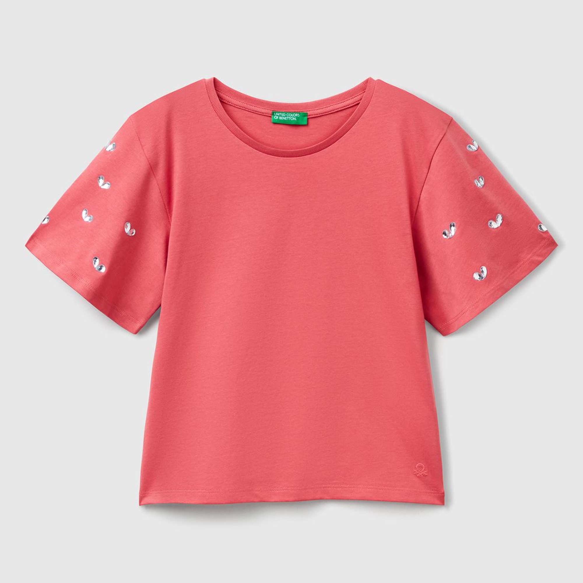 Kız Çocuk Fuşya Kolları Taş Detaylı Ribana Yakalı T-Shirt