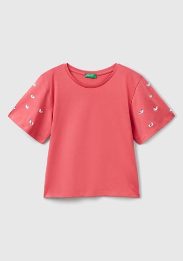  Kız Çocuk Fuşya Kolları Taş Detaylı Ribana Yakalı T-Shirt