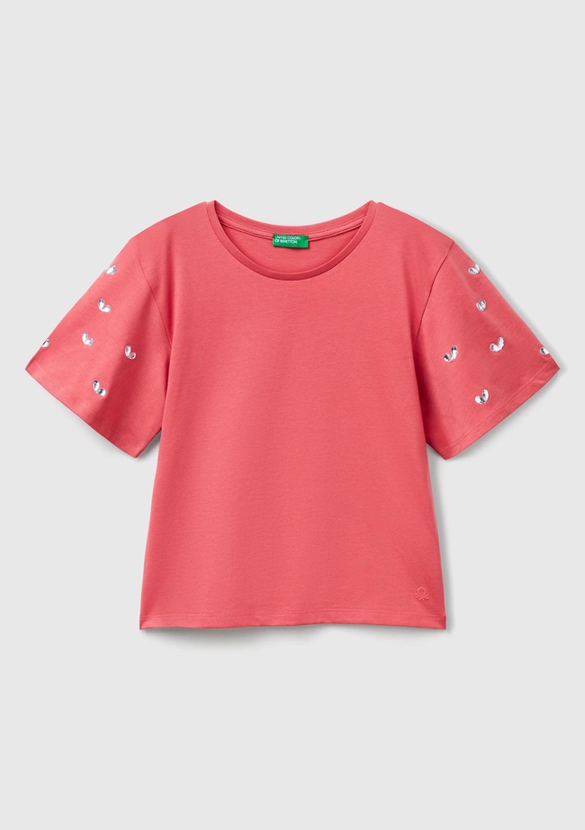  Kız Çocuk Fuşya Kolları Taş Detaylı Ribana Yakalı T-Shirt