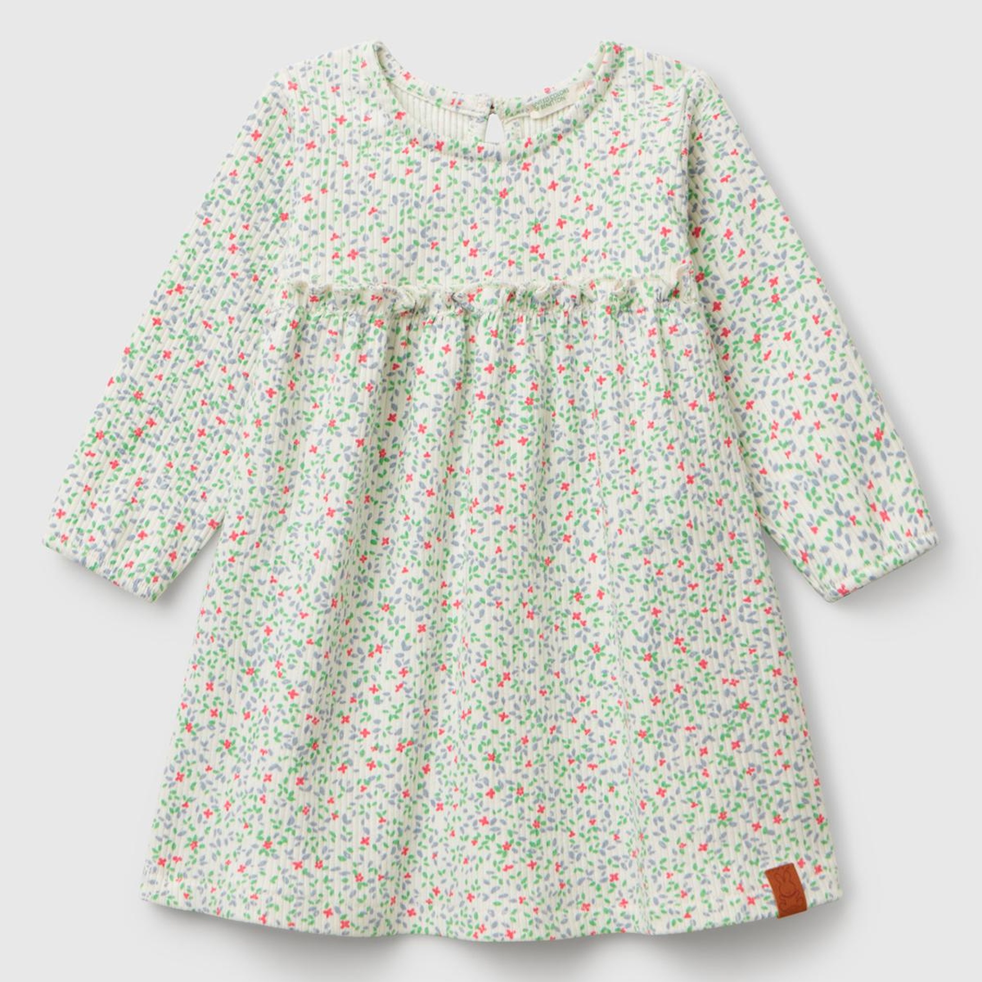 Bebek Ekru Tamamı Desenli Önü Fırfır Detaylı Pileli Uzun Kollu Elbise