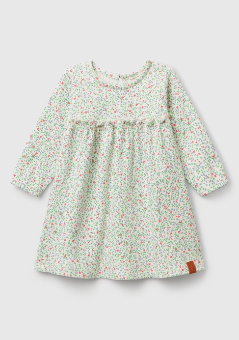  Bebek Ekru Tamamı Desenli Önü Fırfır Detaylı Pileli Uzun Kollu Elbise