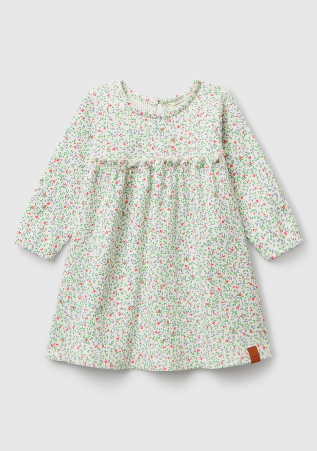  Bebek Ekru Tamamı Desenli Önü Fırfır Detaylı Pileli Uzun Kollu Elbise