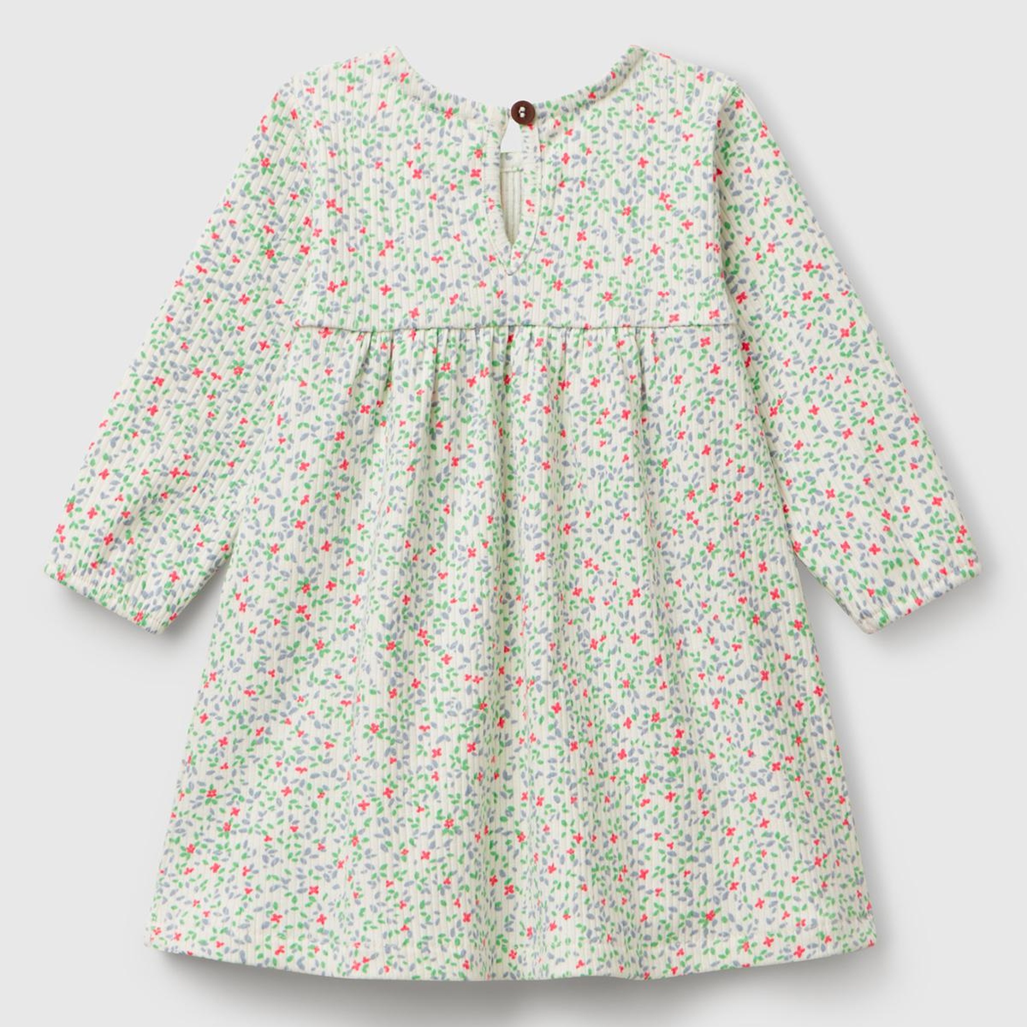 Bebek Ekru Tamamı Desenli Önü Fırfır Detaylı Pileli Uzun Kollu Elbise