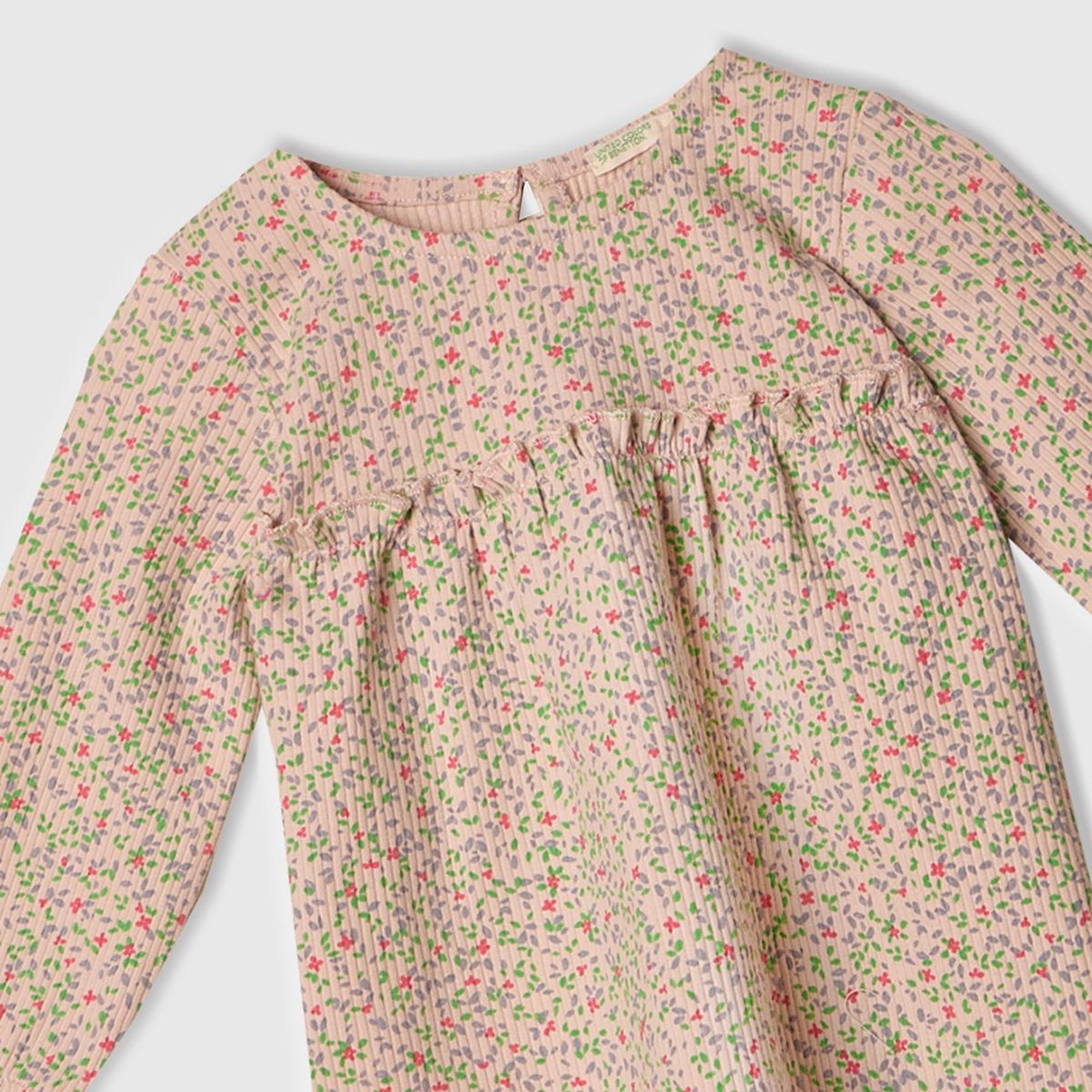 Bebek Toz Pembe Tamamı Desenli Önü Fırfır Detaylı Pileli Uzun Kollu Elbise