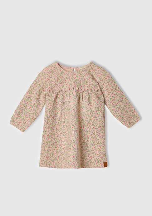  Bebek Toz Pembe Tamamı Desenli Önü Fırfır Detaylı Pileli Uzun Kollu Elbise