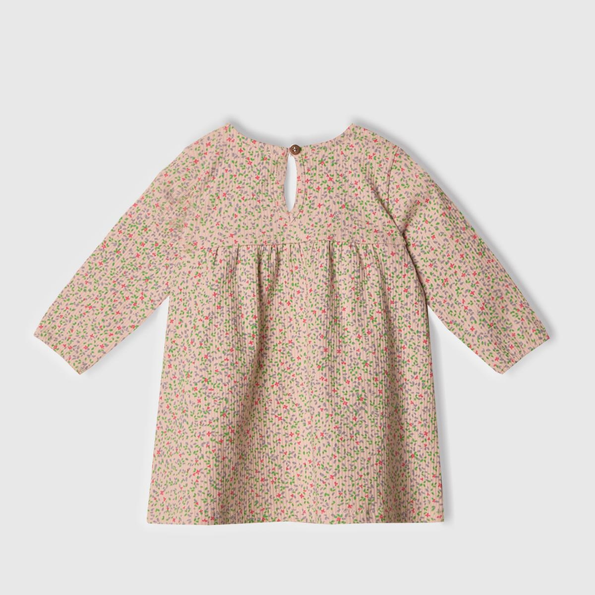 Bebek Toz Pembe Tamamı Desenli Önü Fırfır Detaylı Pileli Uzun Kollu Elbise