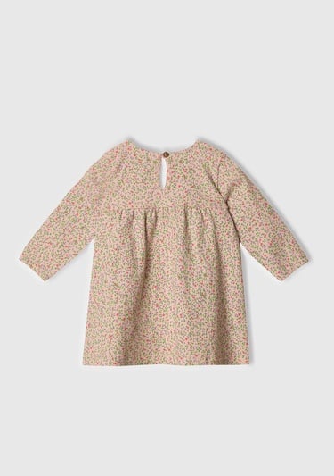  Bebek Toz Pembe Tamamı Desenli Önü Fırfır Detaylı Pileli Uzun Kollu Elbise