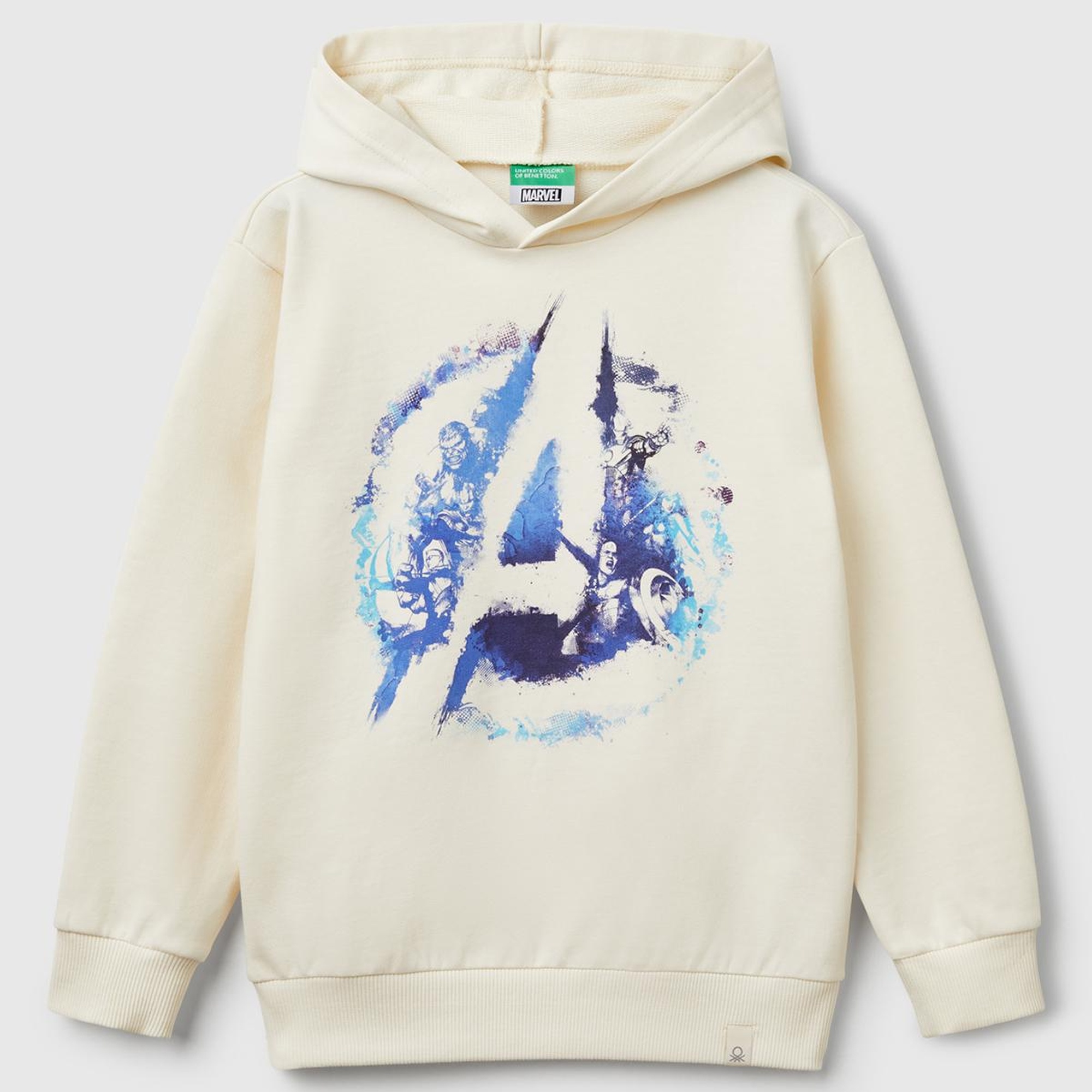 Erkek Çocuk Ekru Marvel Kahraman Baskılı Etiket Logolu Kapüşonlu Sweatshirt