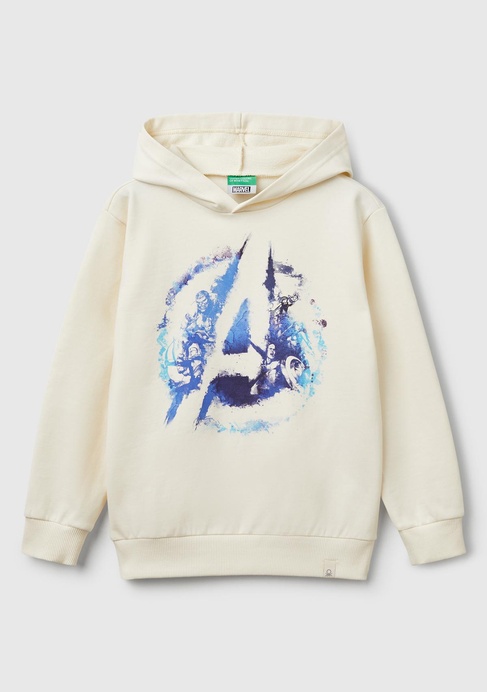  Erkek Çocuk Ekru Marvel Kahraman Baskılı Etiket Logolu Kapüşonlu Sweatshirt