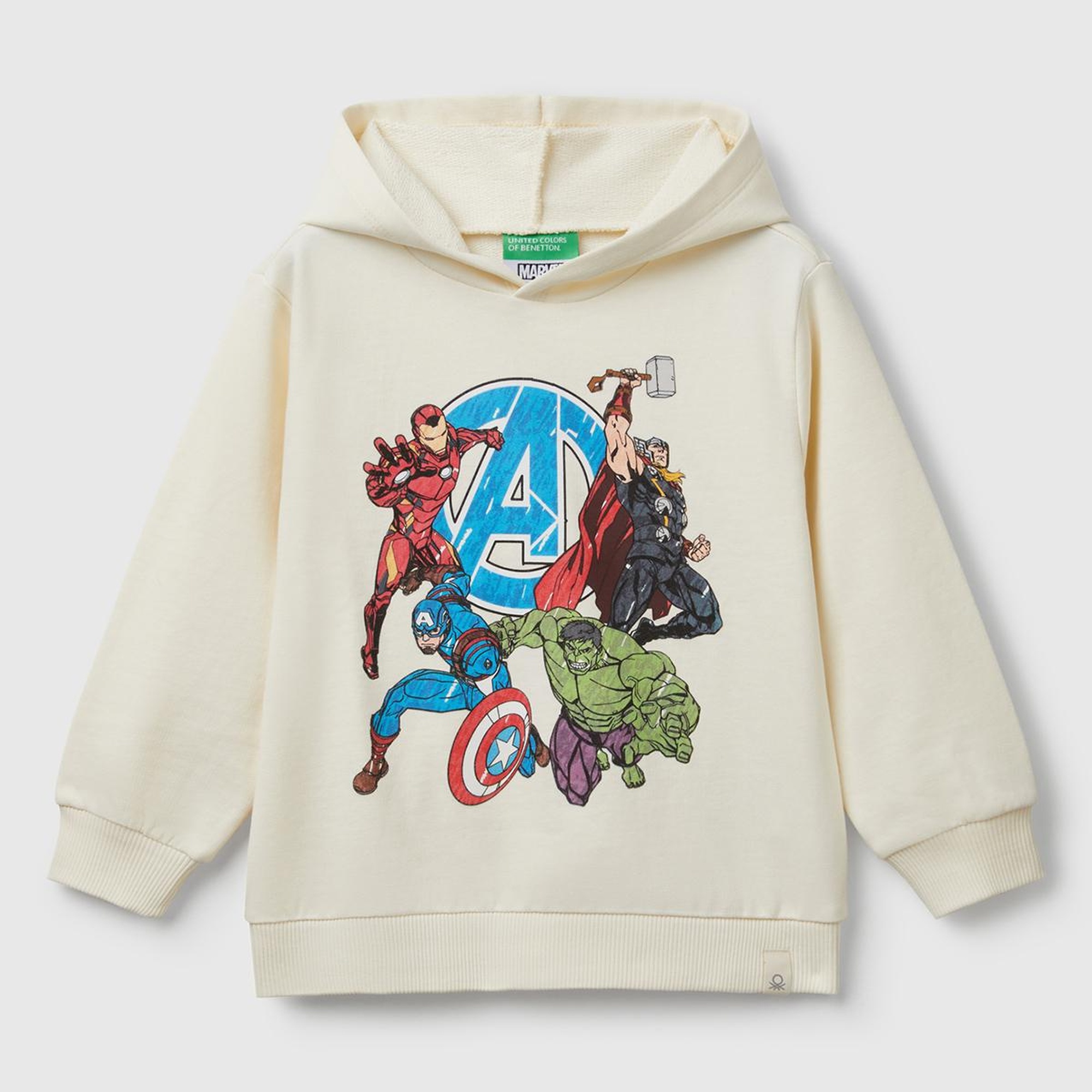 Erkek Çocuk Ekru Marvel Kahraman Baskılı Etiket Logolu Kapüşonlu Sweatshirt