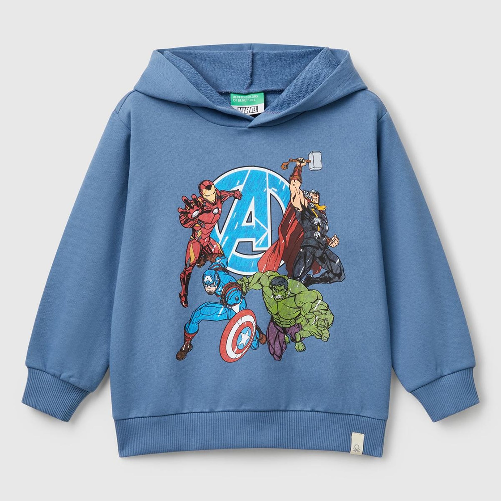 Erkek Çocuk Havacı Mavi Marvel Kahraman Baskılı Etiket Logolu Kapüşonlu Sweatshirt