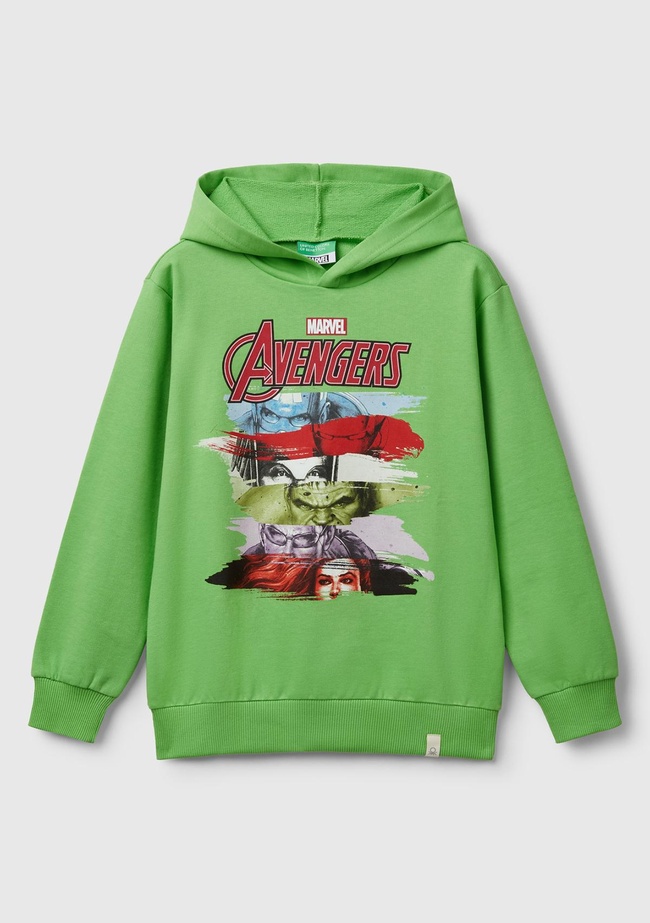  Erkek Çocuk Fıstık Yeşili Marvel Kahraman Baskılı Etiket Logolu Kapüşonlu Sweatshirt