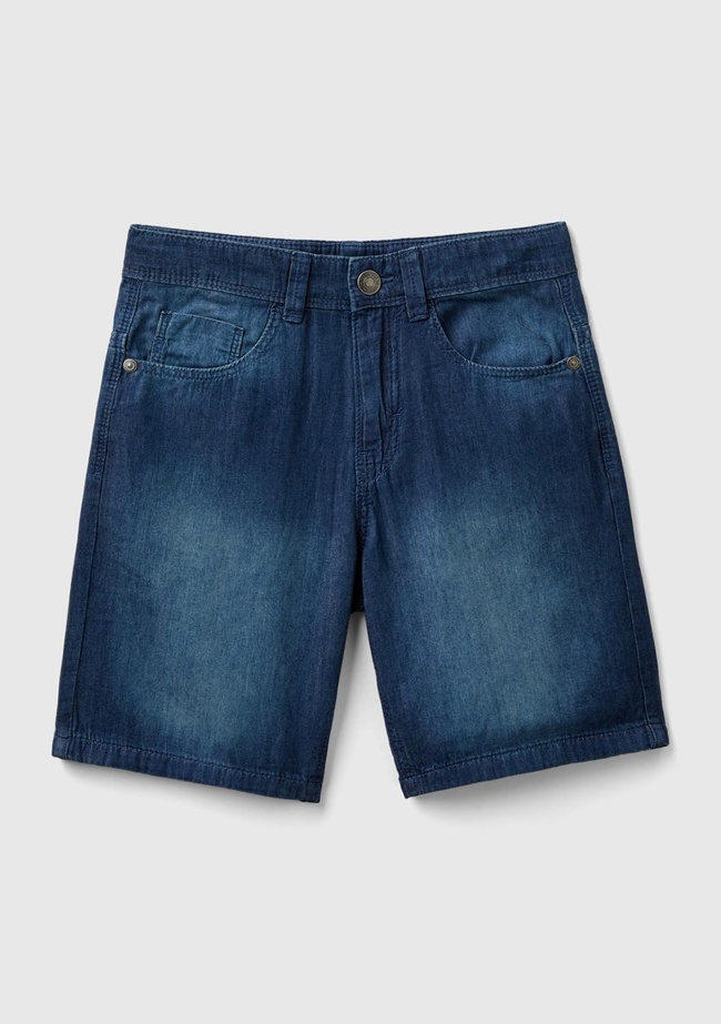  Erkek Çocuk Lacivert Logo İşlemeli 5 Cepli Kemer Delikli Denim Bermuda Şort