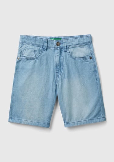  Erkek Çocuk Açık Mavi Logo İşlemeli 5 Cepli Kemer Delikli Denim Bermuda Şort