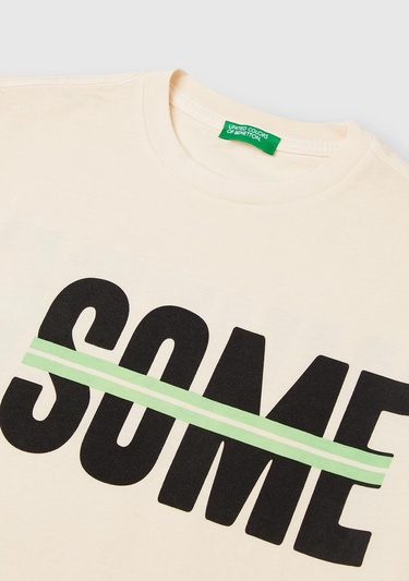  Erkek Çocuk Ekru Slogan Baskılı Soluk Efektli T-Shirt