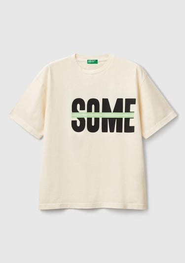  Erkek Çocuk Ekru Slogan Baskılı Soluk Efektli T-Shirt