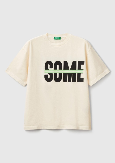  Erkek Çocuk Ekru Slogan Baskılı Soluk Efektli T-Shirt