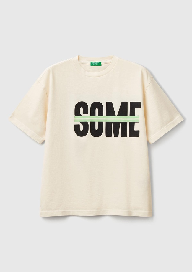  Erkek Çocuk Ekru Slogan Baskılı Soluk Efektli T-Shirt