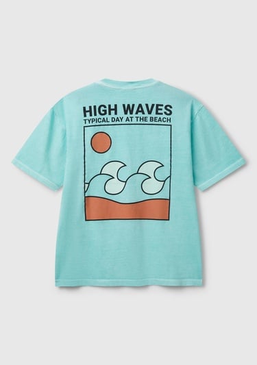  Erkek Çocuk Turkuaz Slogan Baskılı Soluk Efektli T-Shirt