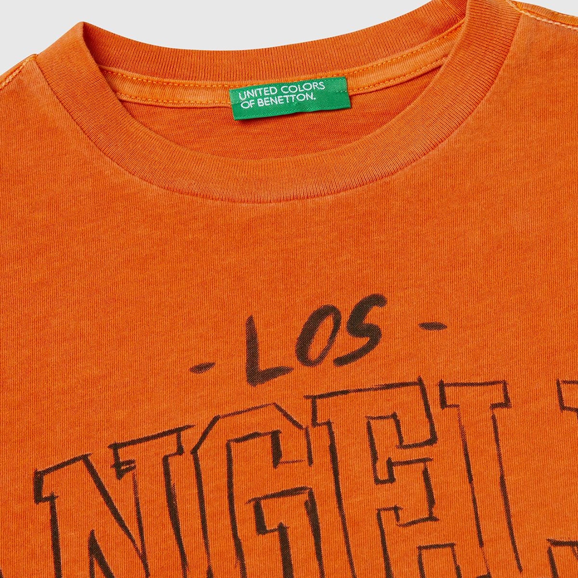 Erkek Çocuk Turuncu Slogan Baskılı Soluk Efektli T-Shirt