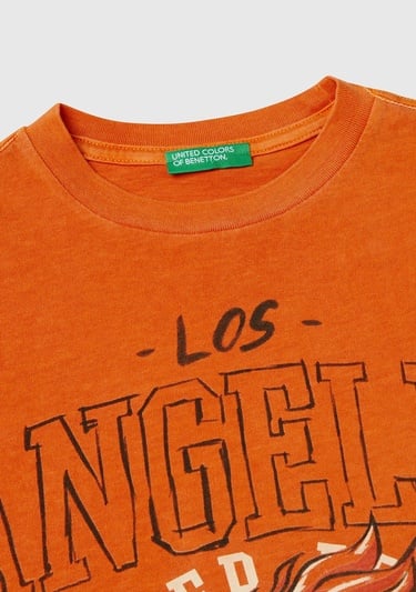  Erkek Çocuk Turuncu Slogan Baskılı Soluk Efektli T-Shirt