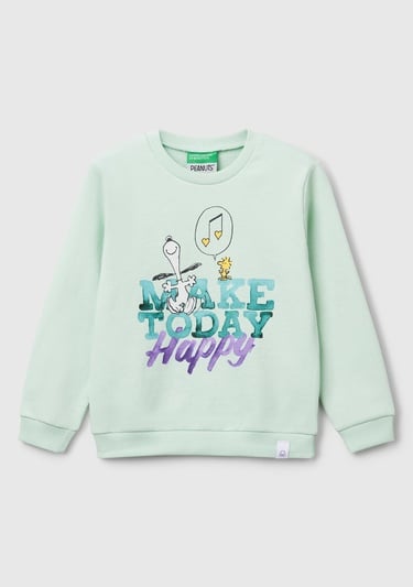  Kız Çocuk Su Yeşili Peanuts Baskılı Logo Etiketli Bisiklet Yaka Sweatshirt