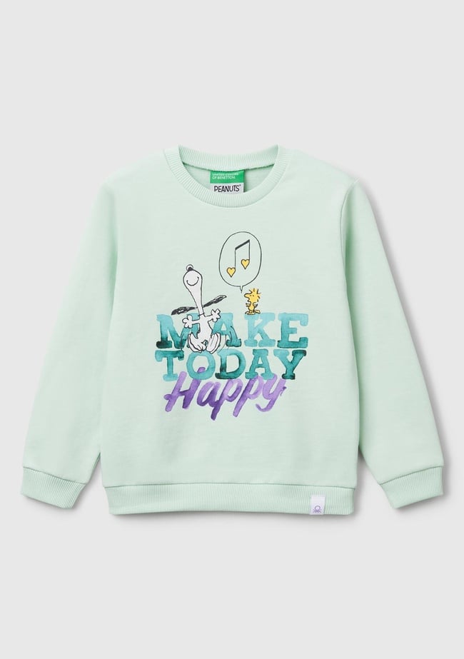  Kız Çocuk Su Yeşili Peanuts Baskılı Logo Etiketli Bisiklet Yaka Sweatshirt